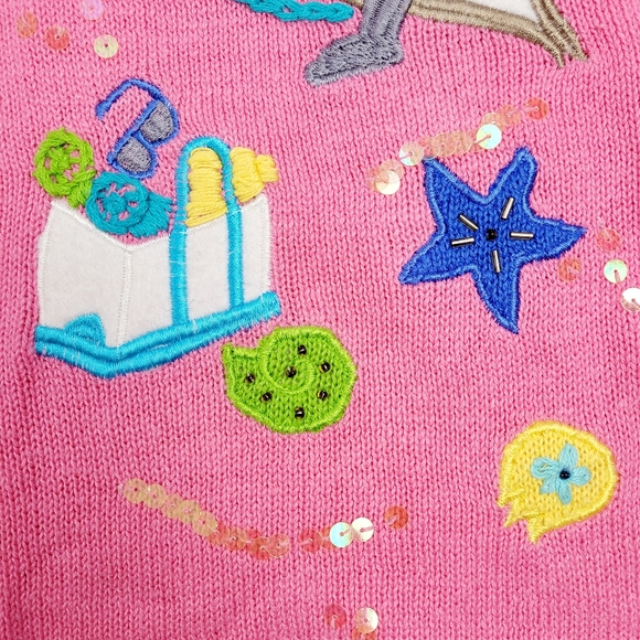 Quacker Factory Beach Summer Seashore Themed Pink Cardigan Sweater Medium - Picture 6 of 14